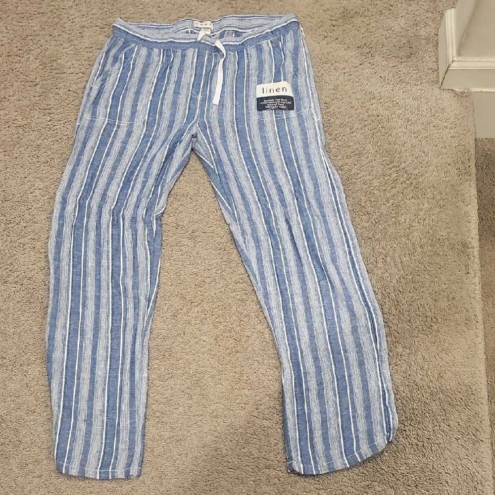 Blue and White Striped Linen Pants